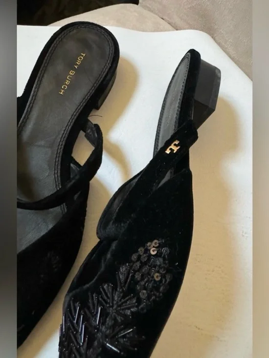 Tory Burch Black Velvet Pointed-Toe Beaded Mules - Picture 3 of 10